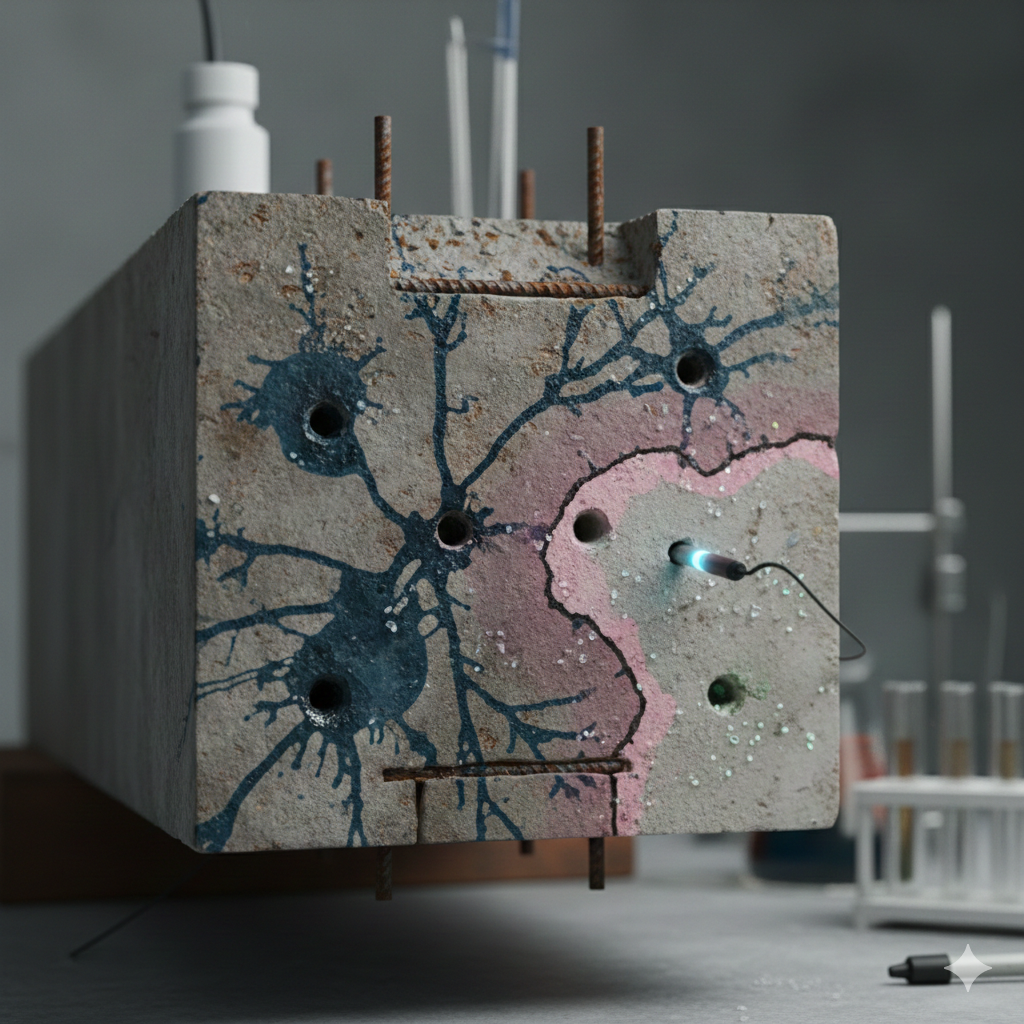 💉 建物の「血液検査」：コンクリートの中性化深さと塩分含有量から導き出す、耐震性能の寿命予測