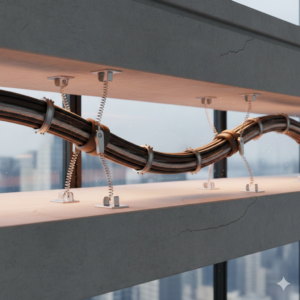 ⚡ 通信ケーブル・電気系統の「破断」を防ぐ：建物の揺れに追従する柔軟な配線・配管支持技術